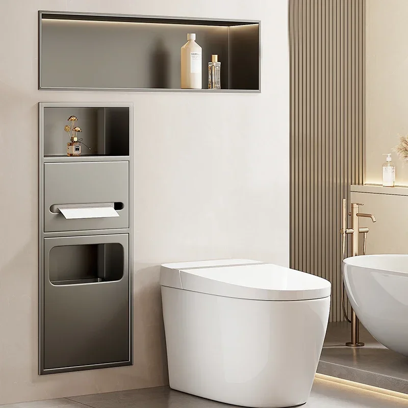 Toilet Niche Built-in Toilet Trash Can Shelf Bathroom Horizontal 304 Stainless Steel Niche Cabinet with Door