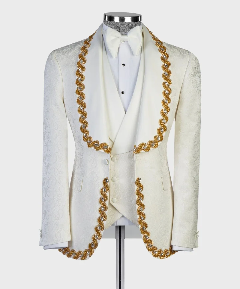 

Бежевая жаккардовая шаль с лацканами и бусинами, хрустальный свадебный смокинг жениха, 3 шт., пиджак, жилет, брюки, официальная вечеринка, полные мужские костюмы