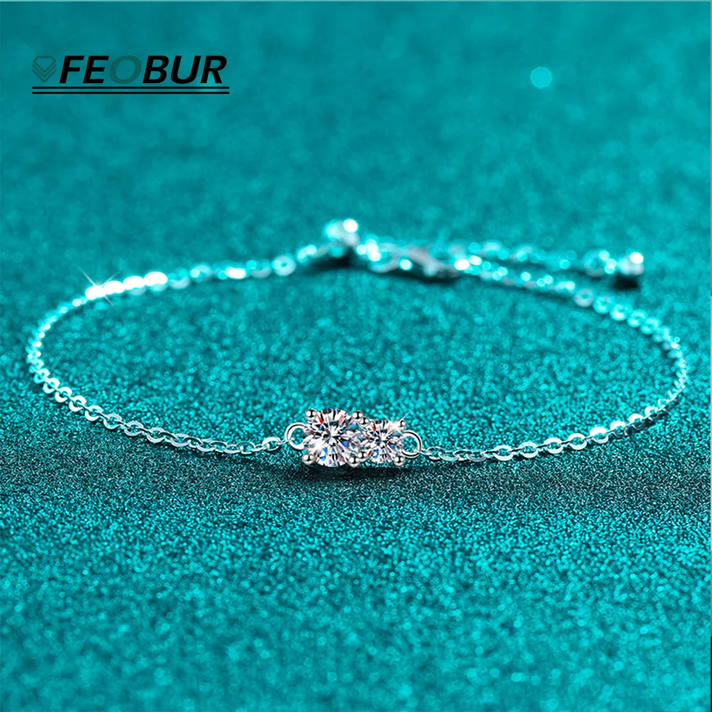 

FEOBUR 0.7CT Moissanite Bracelet for Women Real 925 Silver Round Two Stones Lab Diamond Hand Chain Dainty Jewelry Wedding Gift