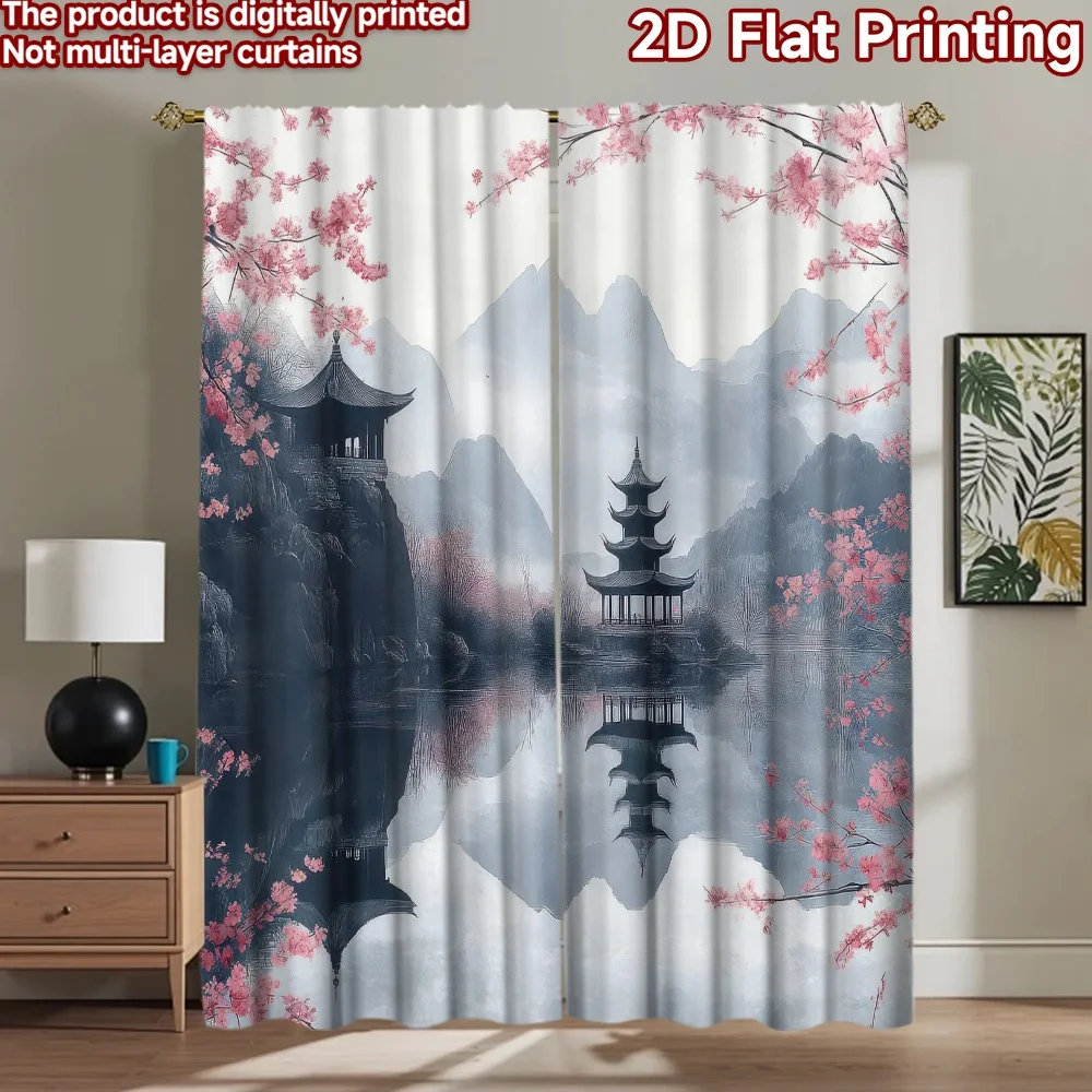 

1pc 2D flat Photography Backdrop Scene Tapestry Cherry Blossom Lakeside Pagoda 100% Polyester Holiday Decorations Use for