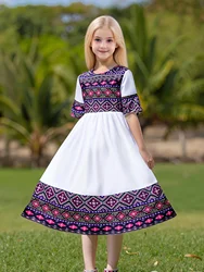 Summer children girls ethnic style patchwork dress Fashion retro simple layer clear cool comfortable slimming white dress
