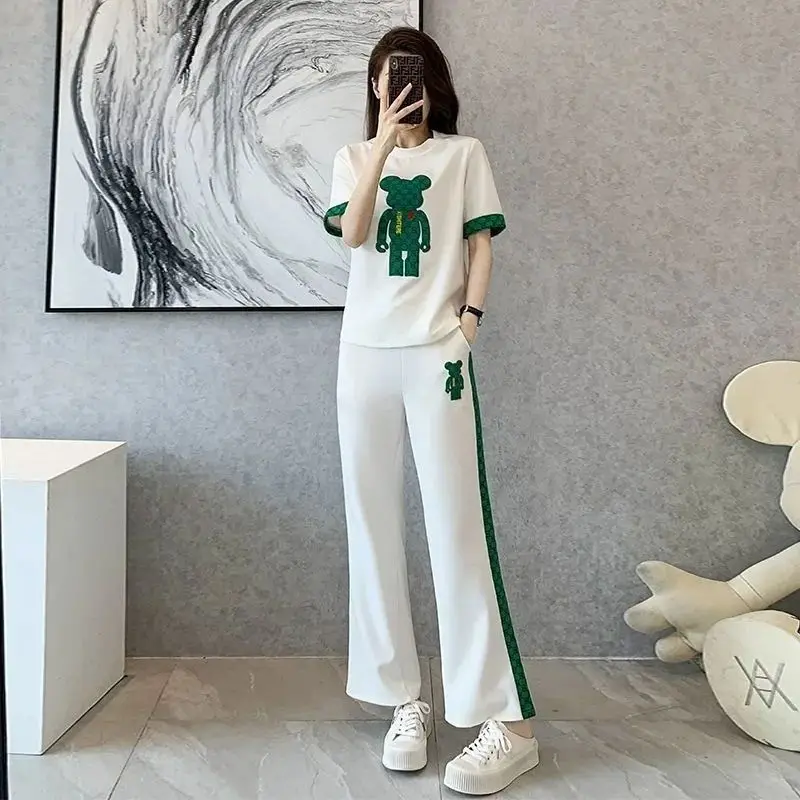 Women\'s Casual Korean Sweat Suits Spring Summer New Fashion Clothes Short Sleeved T-shirt Tops And Pants 2 Two Piece Sets Female