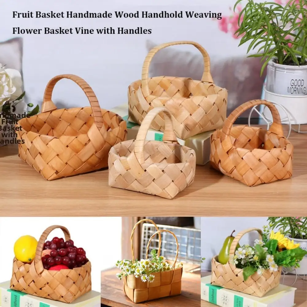 with Handle Fruit Basket Handmade Handwoven Wood Basket 3 Styles Household Braid Storage Baskets