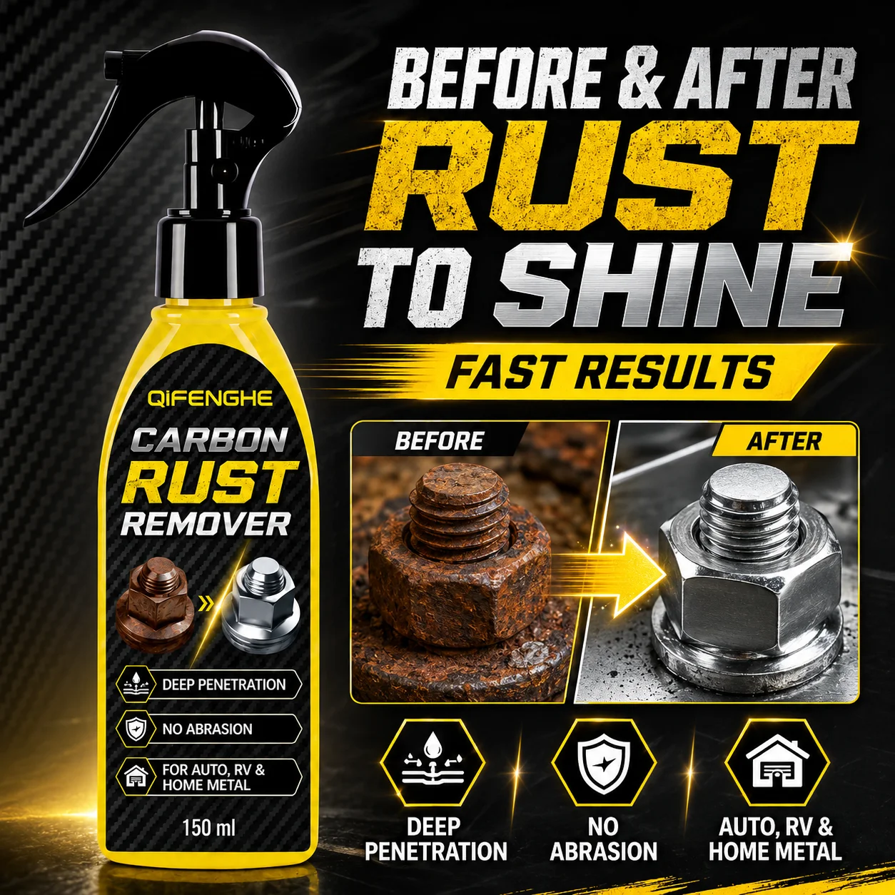 QIFENGHE Multi-Function Rust Remover & Lubricant Spray, Safe on Alloy, Remove Iron Powder, Polish and Protect Metal
