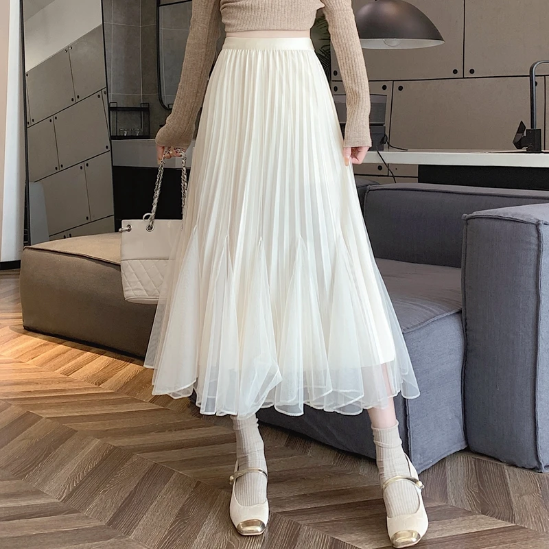 

Women Sweet Mesh Skirts Autumn Fashion A Line Two Way Wear Flared Skirt