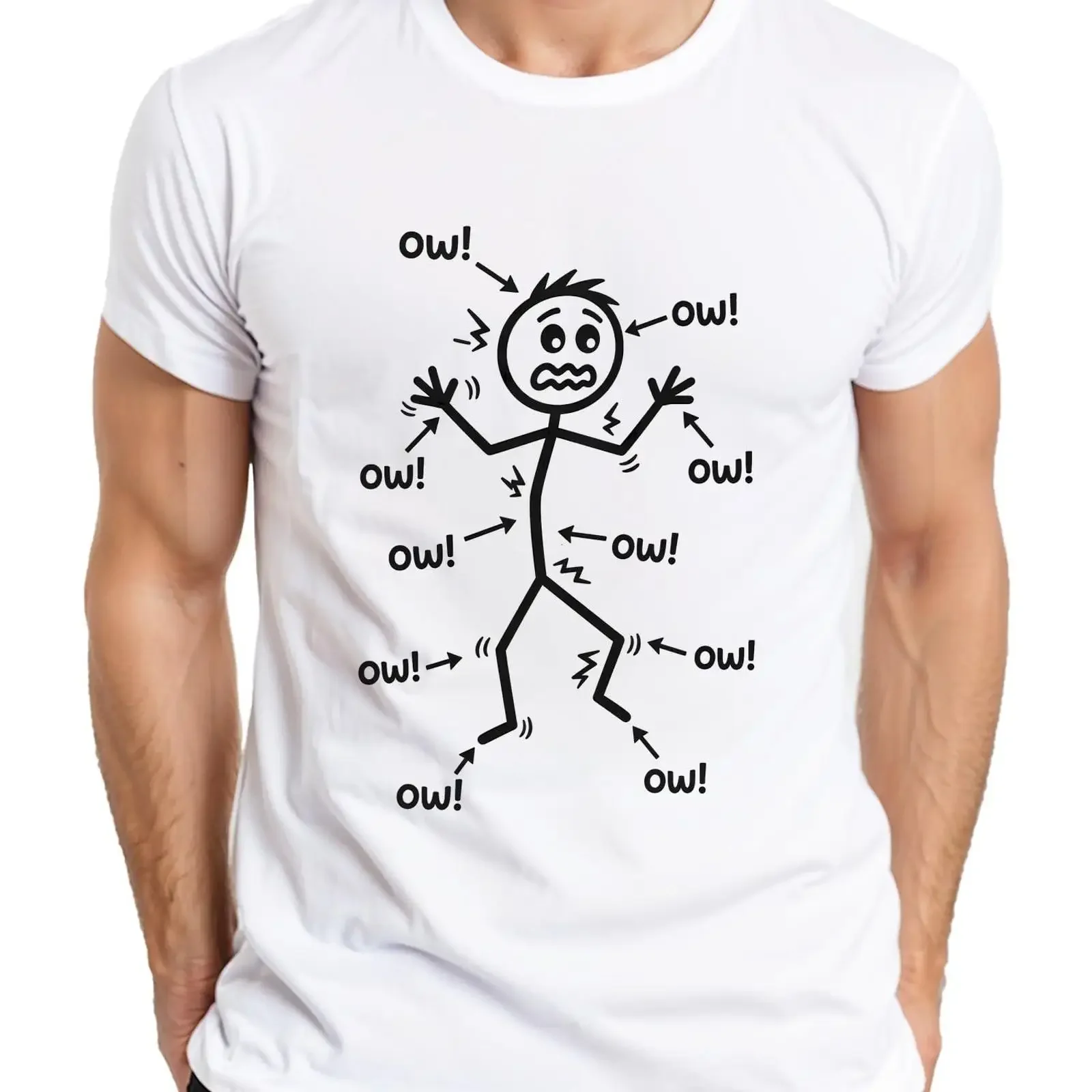Ow Stick figure pain sports statement men's t shirt Sarcasm muscle soreness joint training workout old vintage Washed