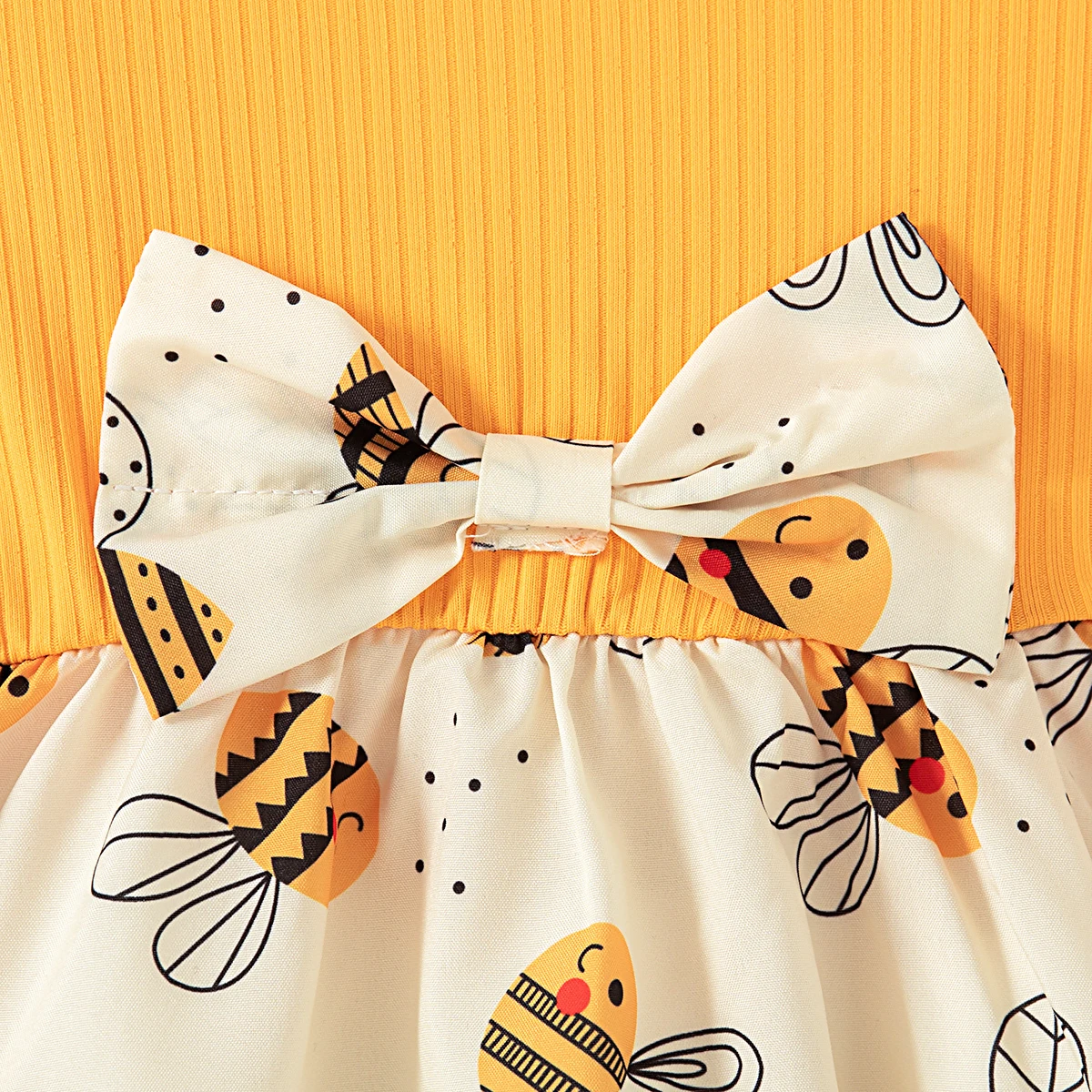 Summer New Yellow Little Fly Sleeve Baby Girl Dress, Cartoon Bee Print Children\'S Sleeveless Clothes+Bow Headband (0-3 Years)