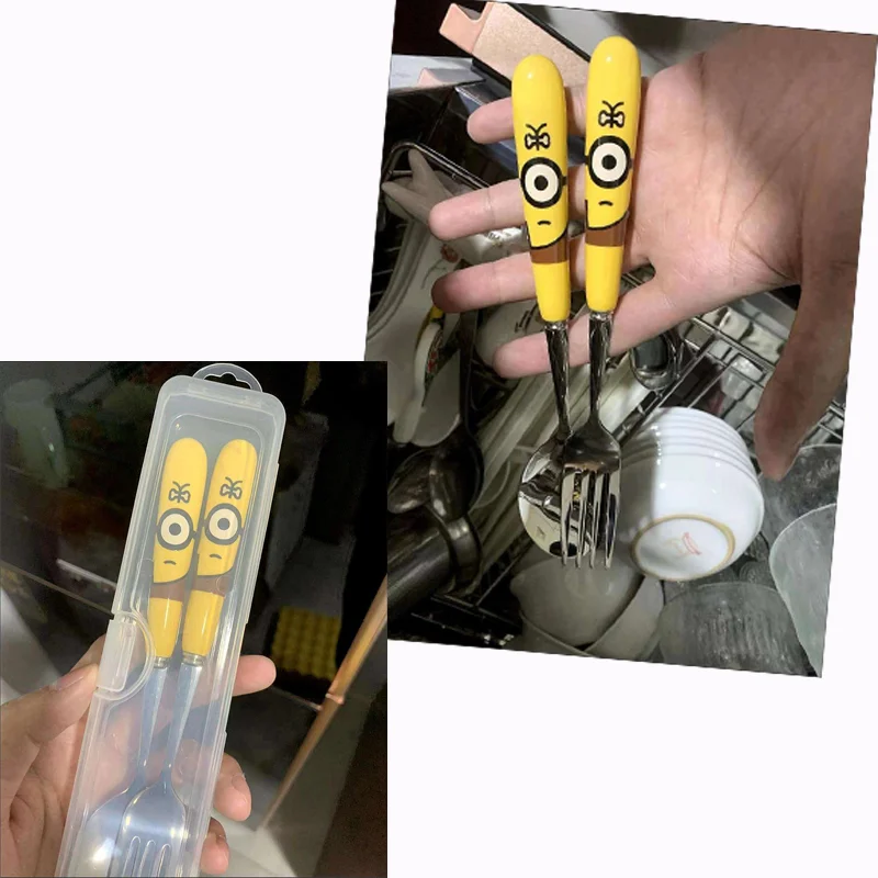 Minions Ceramic Handle Spoon Fork Minion Anime Figure Tableware Cartoon Portable Household Tableware Meal Spoon Party Kid Gift