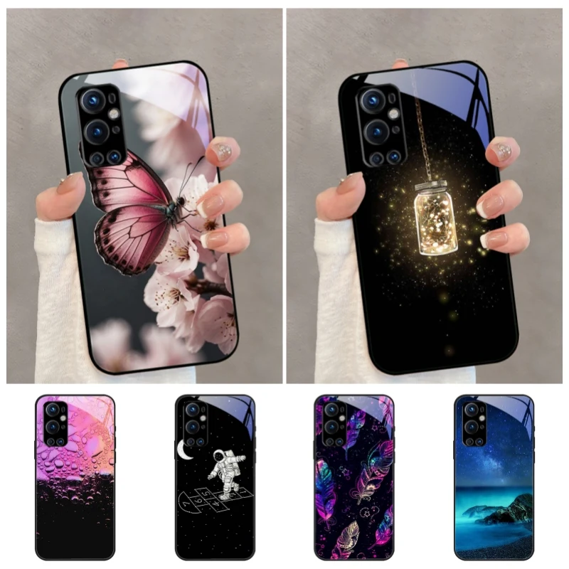 Tempered Glass Case For OnePlus 9 Pro 9R 9RT Black Phone Cover For One Plus 8T 1+ 8 Cute Cartoon Glass Protective Fundas Shells