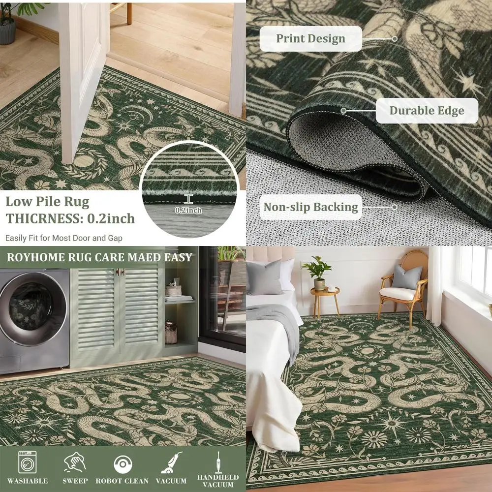

Green 5x7 Low-Pile Stain-Resistant Area Rug with Non-Slip Rubber Backing for Living Room, Bedroom, Dining, and Nursery