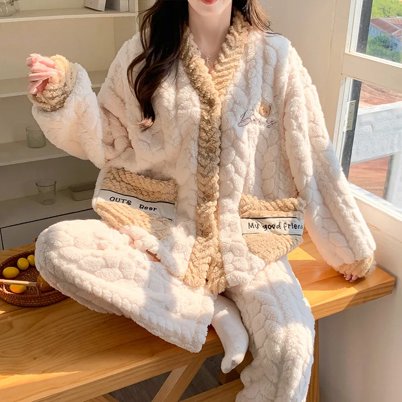 

Women's pajamas new model autumn winter keep warm fleece-lined Sleepwear suit Cotton Pajama Set homewear thicken fleece-lined