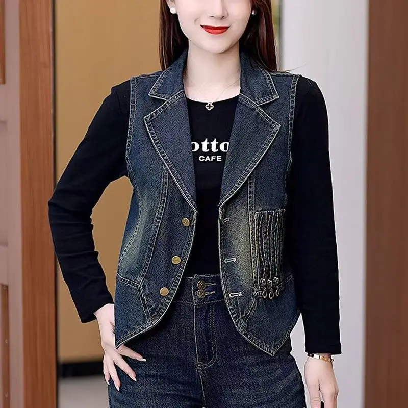 

Женский темный джинсовый жилет без рукавов, приталенный повседневный модный жилет