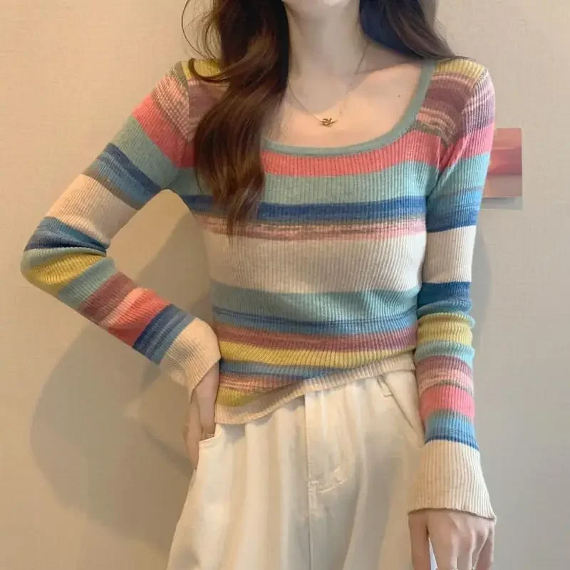 New Spring Autumn Rainbow Striped Square Collar Colorful Long Sleeve Base Layer T-shirt Women's Inner Neck Knit Top Thin Style