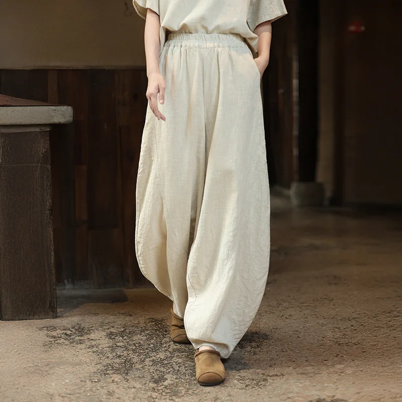 

Maxi Ramie Pants Loose Fit Wide Leg Curved Casual Trousers Women