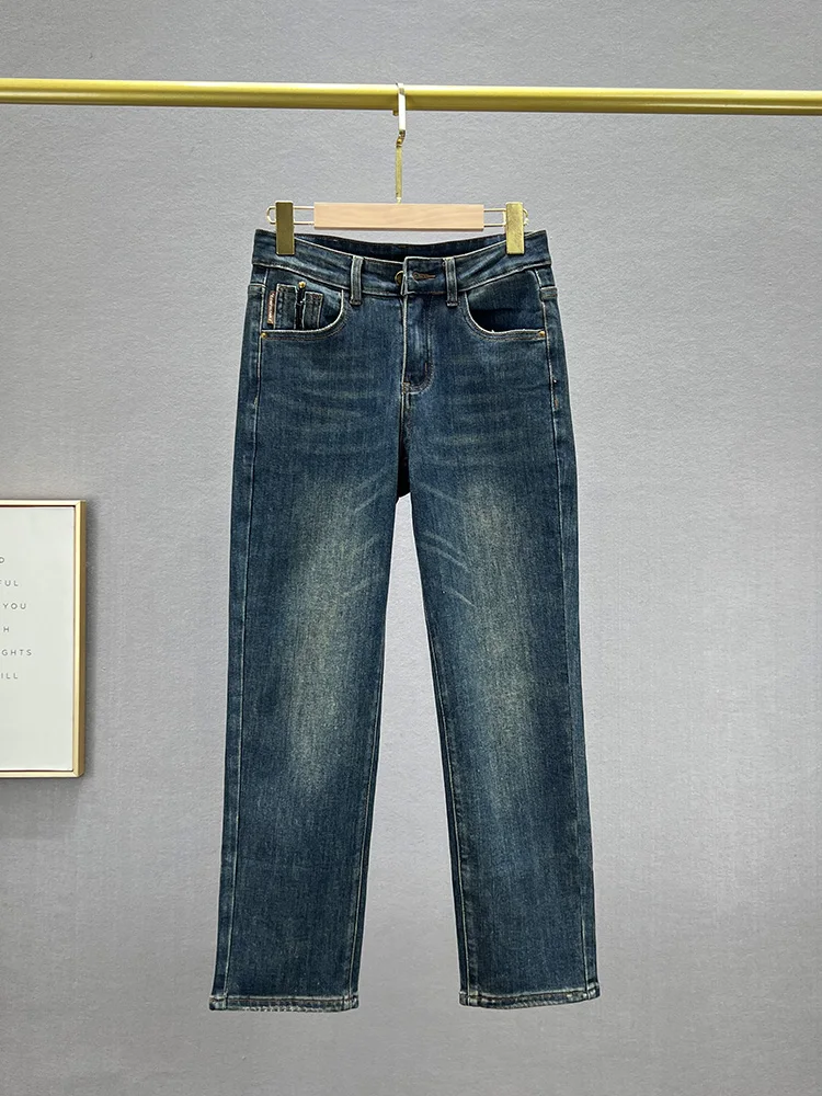 

Женские синие джинсы с высокой талией, эластичные, осенняя новинка, прямые брюки-дудочки, утягивающие, универсальные, из хлопкового стрейч-денима