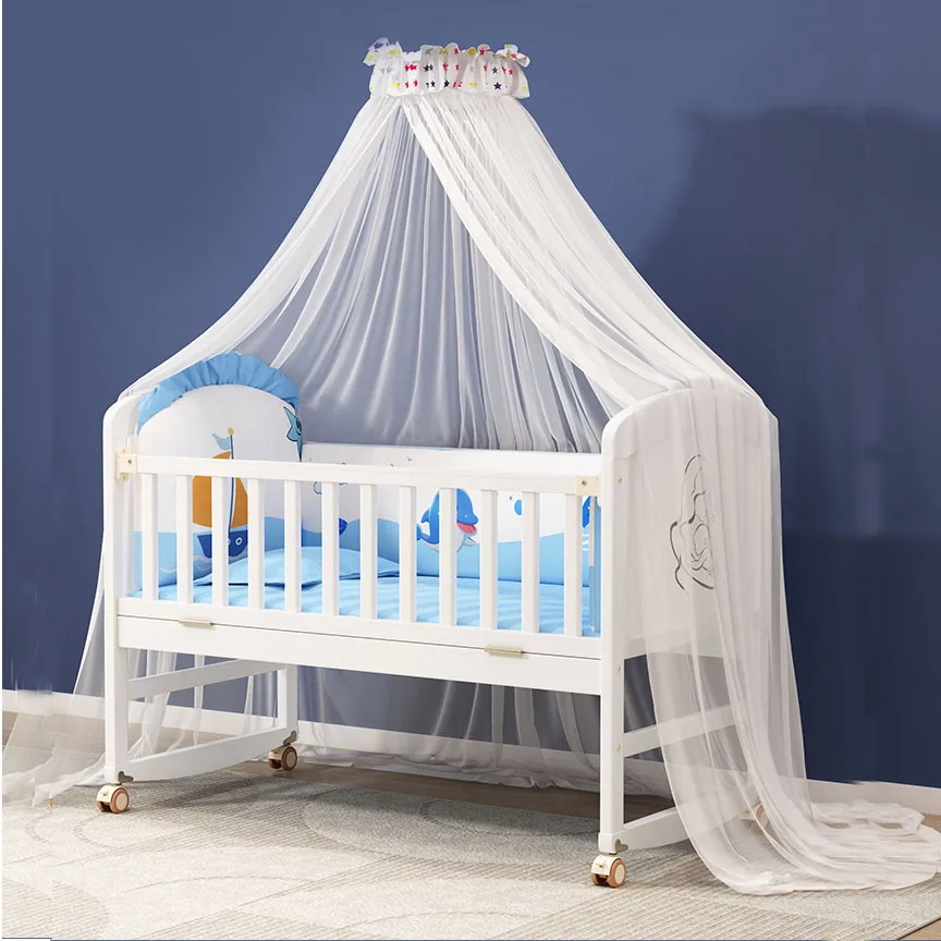 1M White Wood Baby Crib With Mosquito Net, Bedding Set, Baby Cot, Bed, Rocker Mattress Child Crib