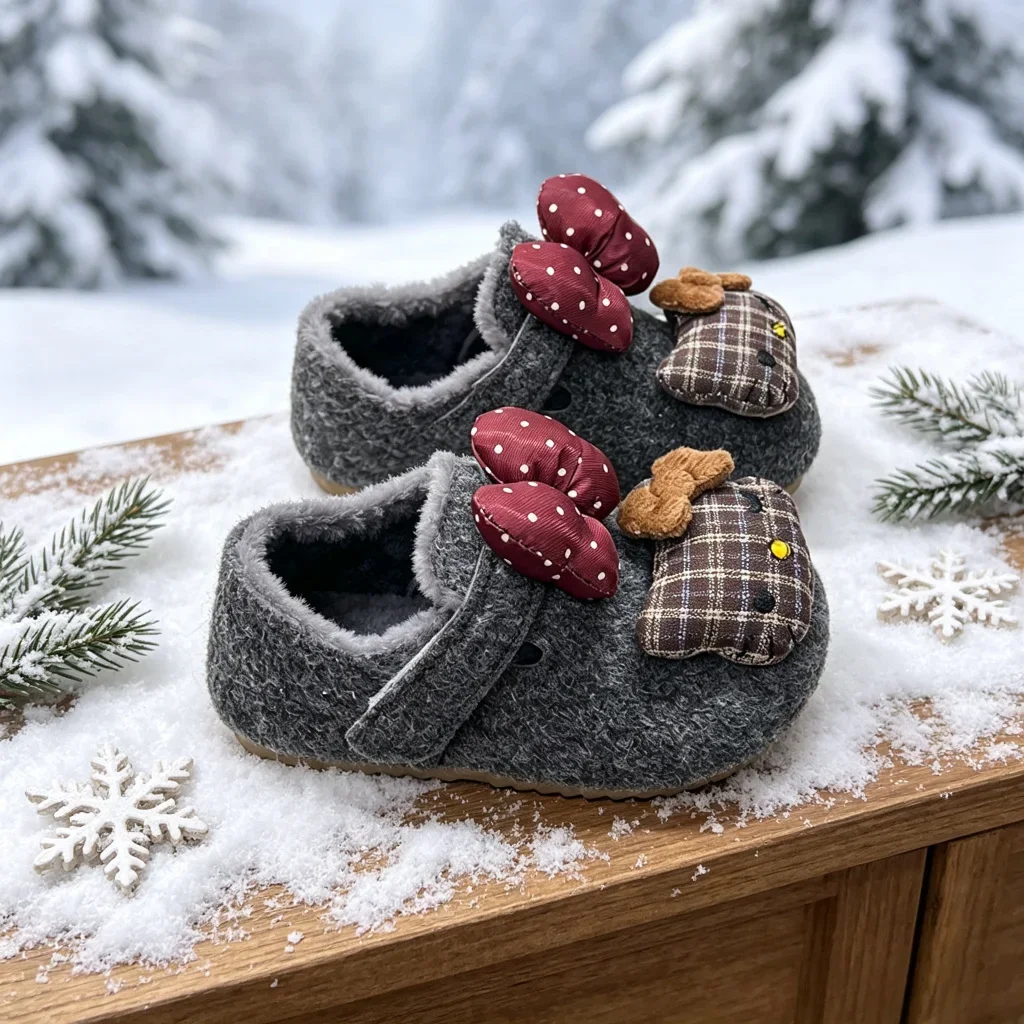 Toddler Girls Fleece Lined Mule Slippers, Cute Bow Decor Warm Non Slip Closed Toe Shoes for Indoor Home Wear