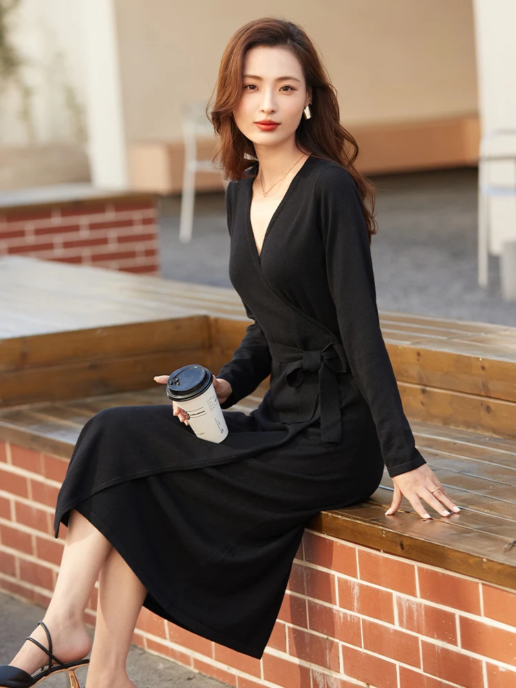 

Элегантное универсальное шерстяное платье-халат с длинным рукавом и поясом для осени и зимы, стройнящее фигуру