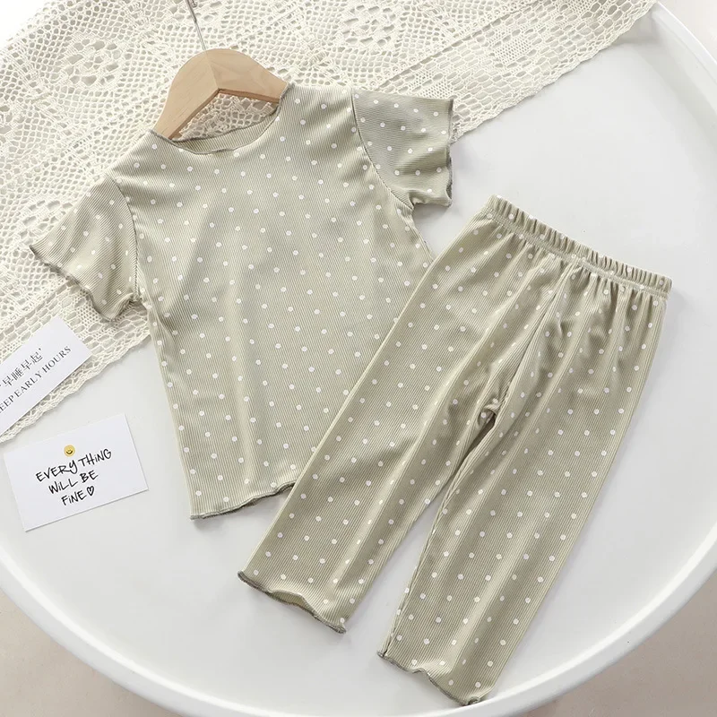 Summer Girls' Children Short-sleeve Top Long Pants Kid Spotted Lightweight Two-piece Set Baby Two-piece Baby Air Conditioning