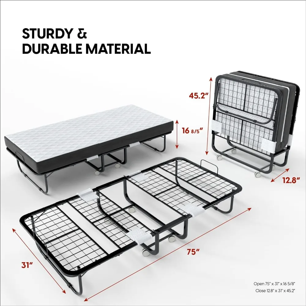 Folding Bed with Mattress - 75x31 Cot Size Bed Frame - Portable Foldable Roll Away Adult Bed- 5-inch Thick Memory Foam Mattress