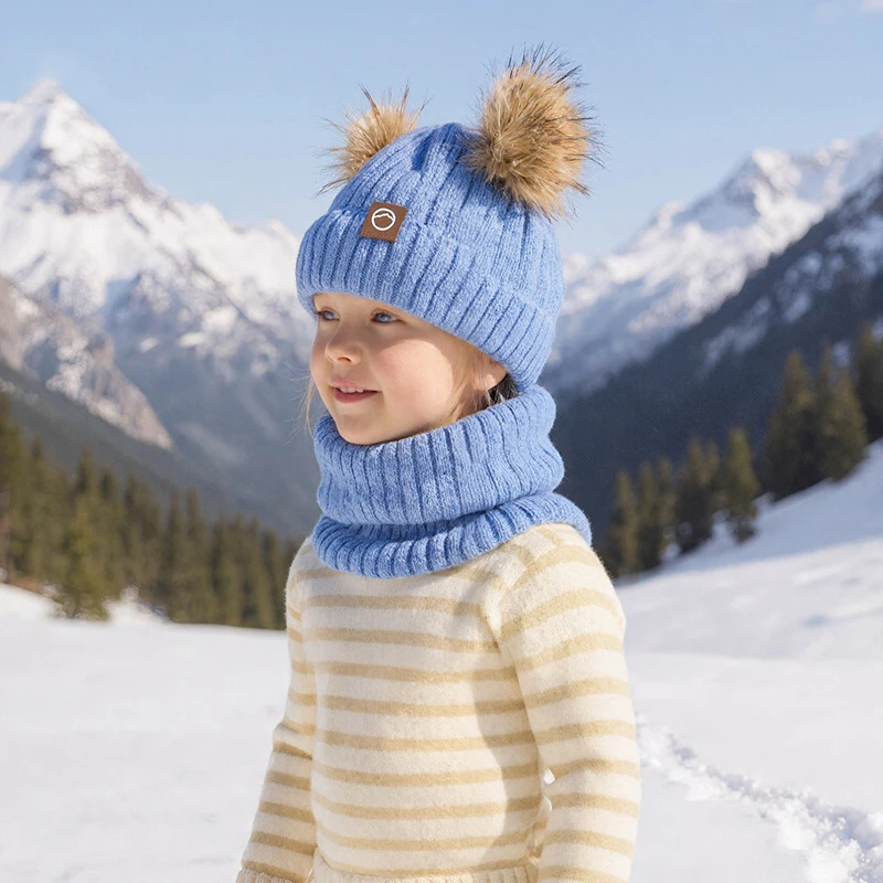Set Tiga Potong Musim Dingin 2025 Topi Beanie Anak Rajut Bulu Tebal Hangat Syal Leher Sarung Tangan Set Untuk Bermain Olahraga Luar Ruangan