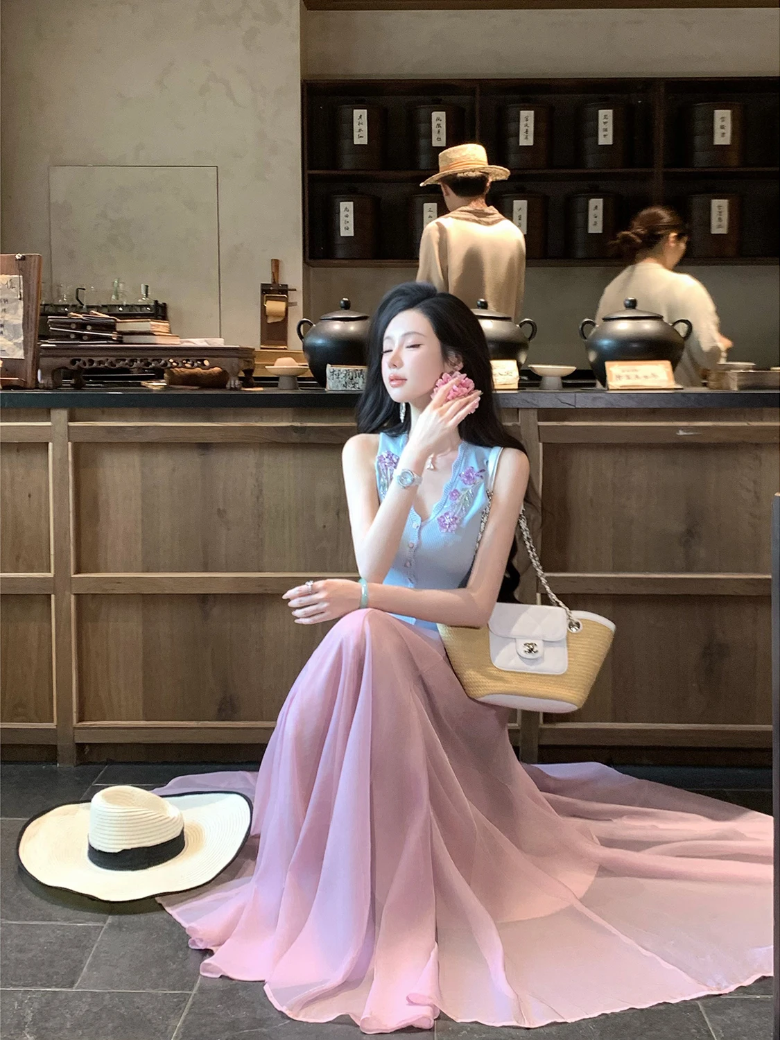 Syqiao Bluebell Flower Half Skirt Elegant A-Line Long Gown Gentle Shiny Mesh Fabric Versatile Summer Luxury Gentlewoman Style