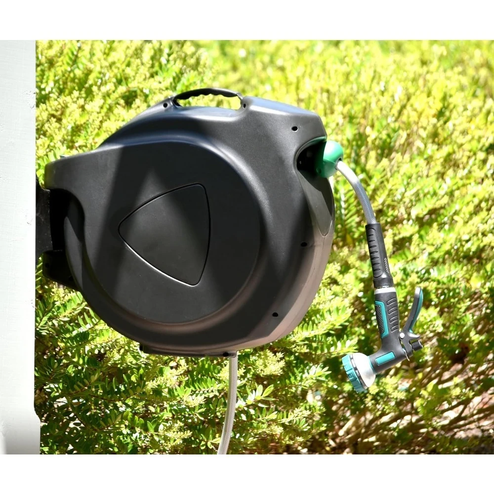 بكرة خرطوم حديقة قابلة للسحب، 100 قدم × 5/8 بوصة بكرة خرطوم مياه متينة مثبتة على الحائط مع/180 ° دعامة دوارة، بخاخ بنمط 9 - الأفضل #5