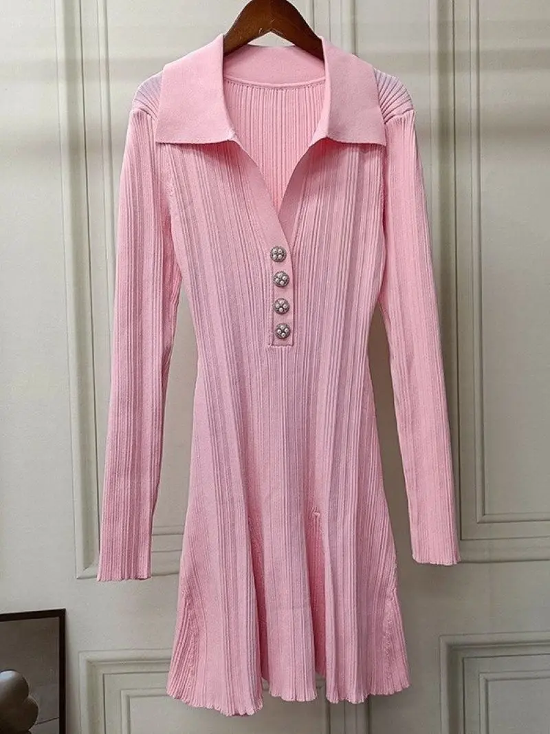 

Women Ribbed Pink Knitted Dress Front Buttons Turn-down Collar Long Sleeve Slim Sweet Autumn 2024 Mini Robe