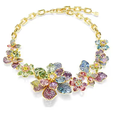 Gold Plated Mixed-Hue Crystal Flower Cluster Necklace