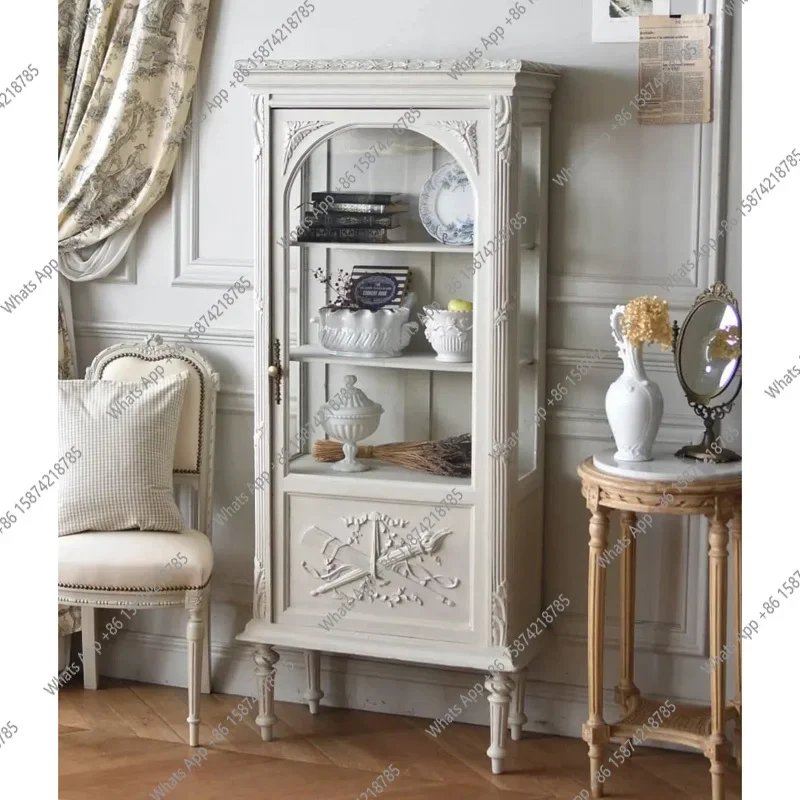 

C French Retro White Wine Cabinet American European Solid Wood Carving Flower Side Cabinet Glass Display Bookcase