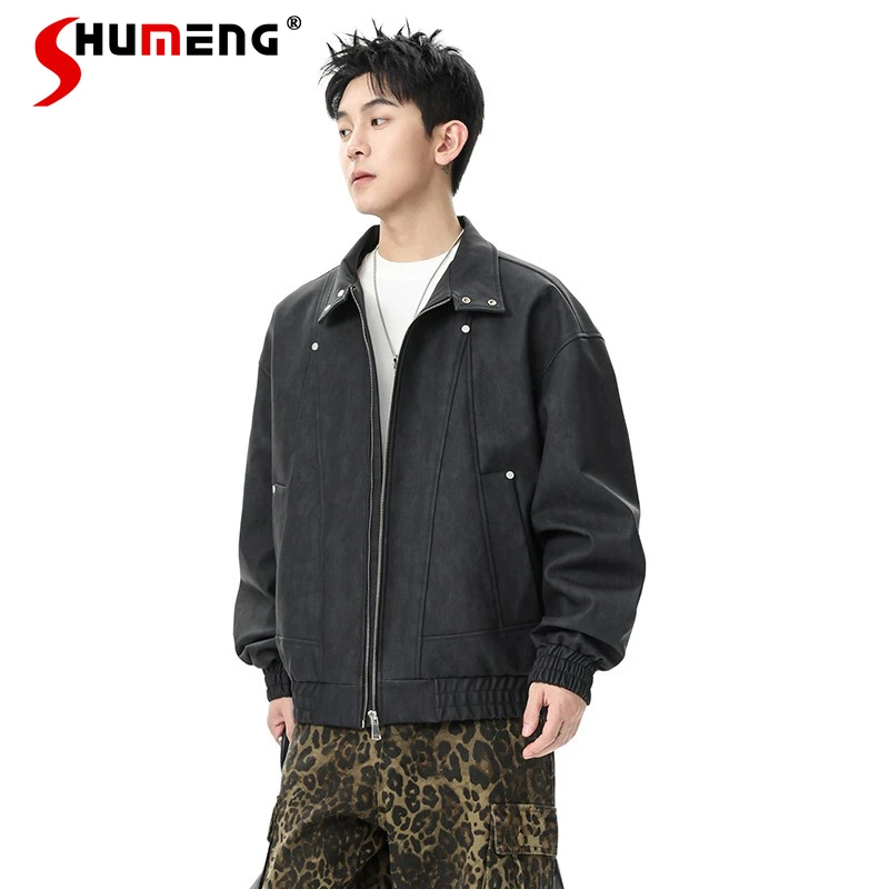 

Fashion Lapel Faux Leather Jackets Men 2026 Spring Autumn New Loose Fit Solid Color Jackets Couple's Tooling PU Leather Coats