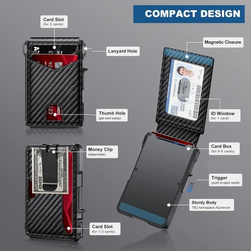 Imagen 2 del producto Cartera para hombre con bloqueo RFID | Tarjetero emergente inteligente delgado minimalista, billetera de tarjeta de crédito de metal con clip para billetes para hombres