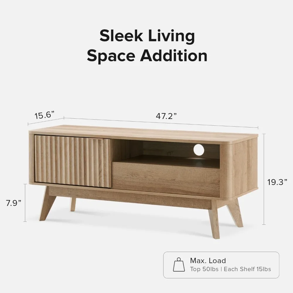 Mid-Century Modern TV Stand, for TVs up to 50” Waveform Panel, Sleek Curved Profile with Adjustable Shelf (Golden Oak, 47