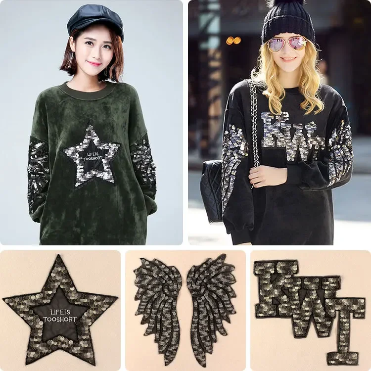 Wing Star Black Lace Sequin Embroidery Patches for Clothing Sew on Clothes Dress Sweater Appliques Badge Stripe Sticker Patch