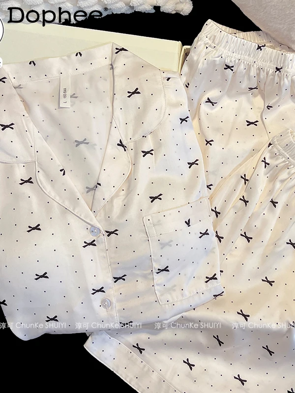

Sweet Girl Bow Short Sleeve Ice Silk Pajamas for Women Summer Thin with Chest Pad Japanese Style Ins Homewear Three-Piece Set