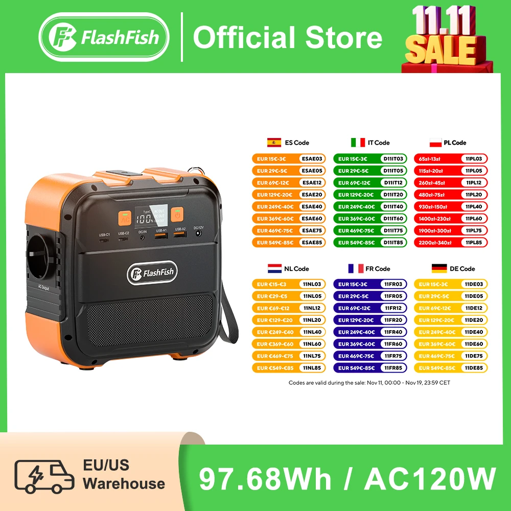 FF Flashfish A101 230V Mini Portable Power Station 120W 97.68Wh Battery Solar Generator AC DC USB Power Bank for Power Failure