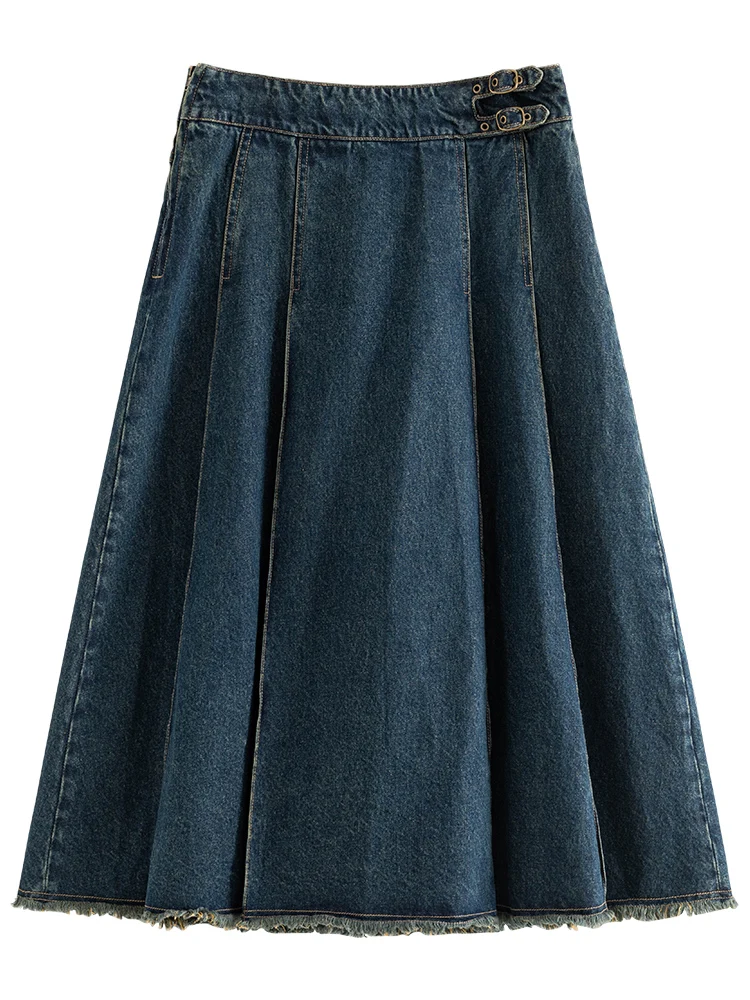 DUSHU Retro Denim Blue Women Long A-LINE Skirts 2024 Summer New Pleated Design 59.9% Cotton Female Skirt 24DS82017