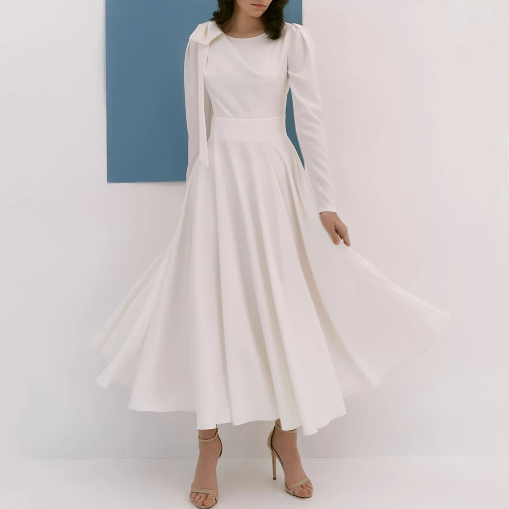 

Simple with Bow Mid-Calf Length Wedding Dress O-Neck Long Sleeves A-Line Bridal Custom Made Gowns for Register with Zipper