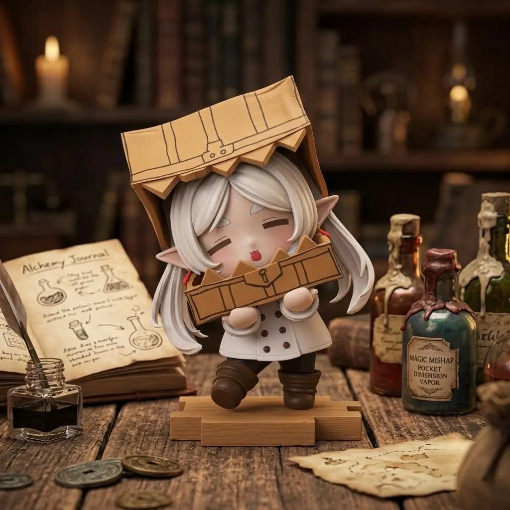 Cute Chibi White Hair Mage Figure With Mimic Treasure Chest Matte PVC Model Car Dashboard Desk Shelf Display Ornament Gift
