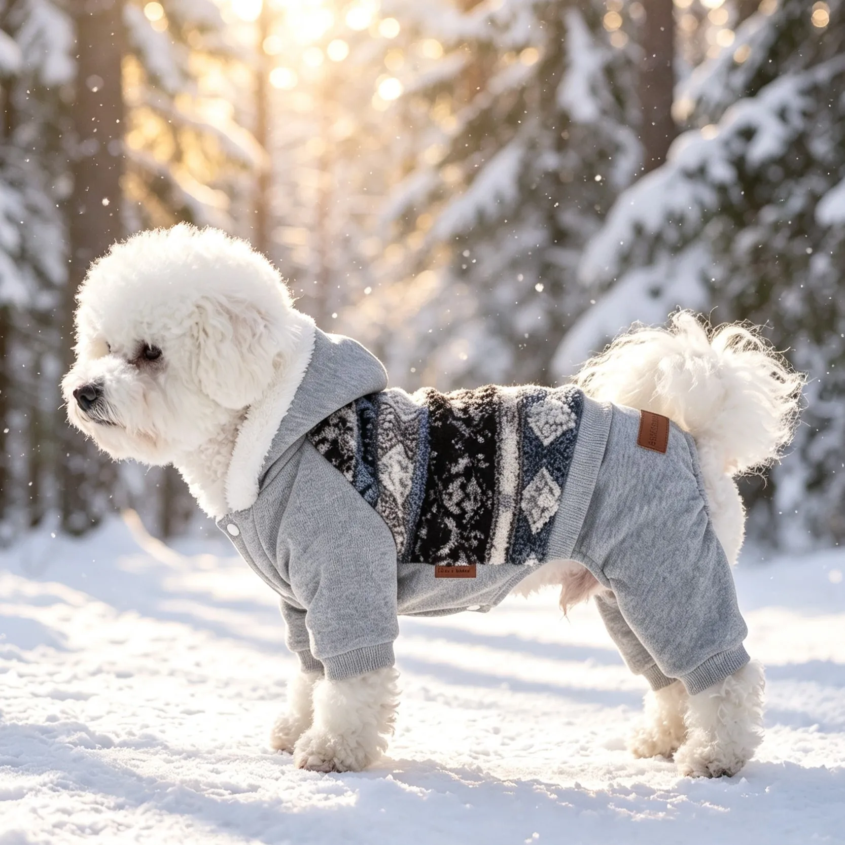 Vierbeiniger Anzug mit Kapuze für Hunde, im ethnischen Stil, mit Jacquard-Muster und Fransen am Saum, vorne mit Druckknöpfen zu öffnen, mit gerippten Ärmel- und Hosenbündchen. – Detail 9