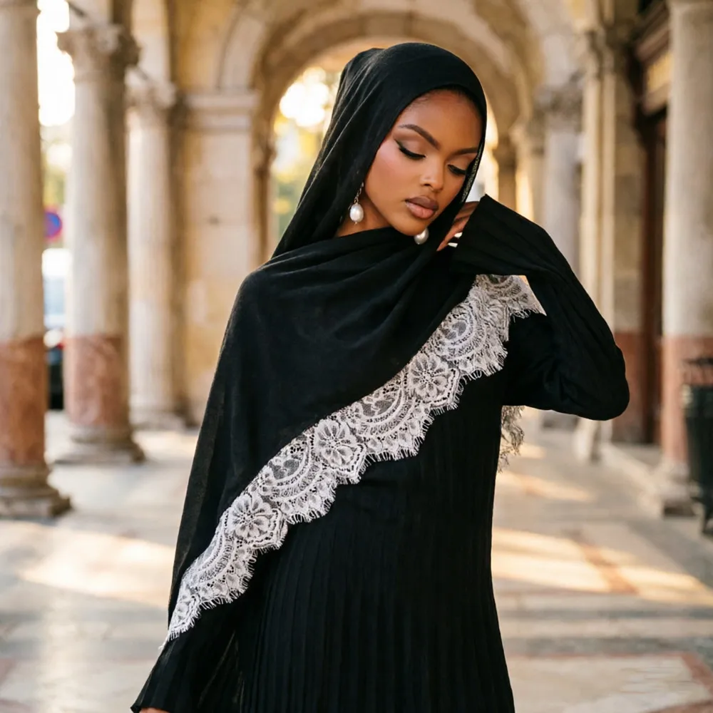 

Хиджаб-платок 2026 с кружевной отделкой, хлопковый, однотонный, длинный, тонкий, большой, для мусульманок, украшение для шеи