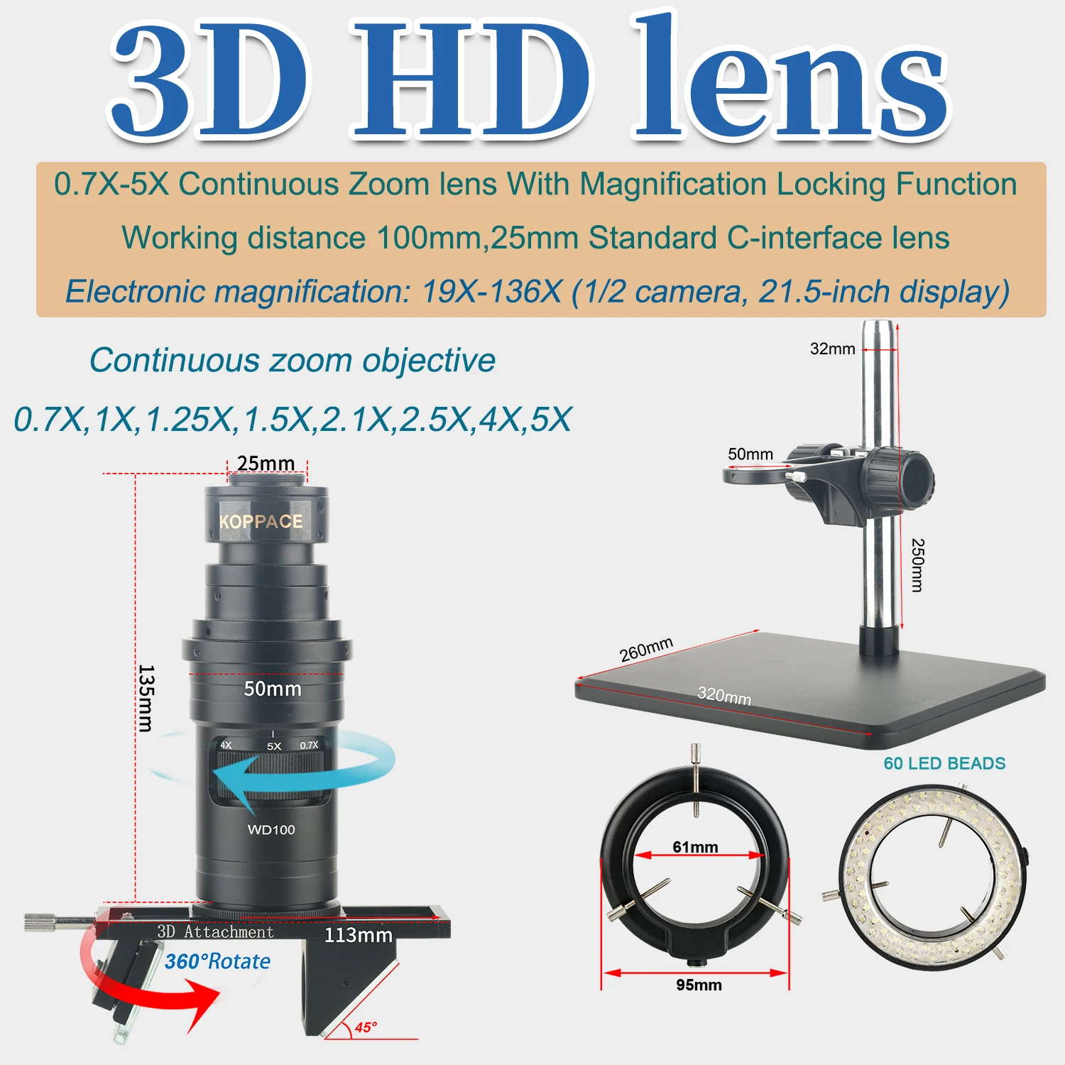 KOPPACE 19X-136X 3D Measure Electron Microscope 360 ° Rotating 2D/3D Freely Switch