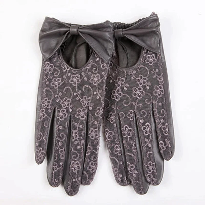 Leather Genuine Lace Short Thin Gloves for Women 2024 Summer New Bow Anti-UV Pure Mittens Mujer Black/Brown Luvas