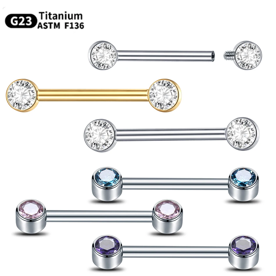 1 Stuk Goudkleurige Tepelring Barbell Cz 14G Bezel-Set Ear Bar Piercing Barbell Titanium Pierc Tepel Mamilo Piercing Vrouwen Sieraden