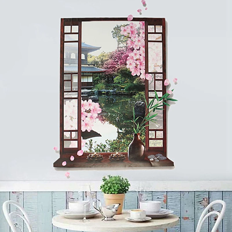 Occident Style Fake Window Mural Garden Landscape 3D Wall Art Vinyl Stickers for Home Decoration Sakura Scenery Poster Wallpaper