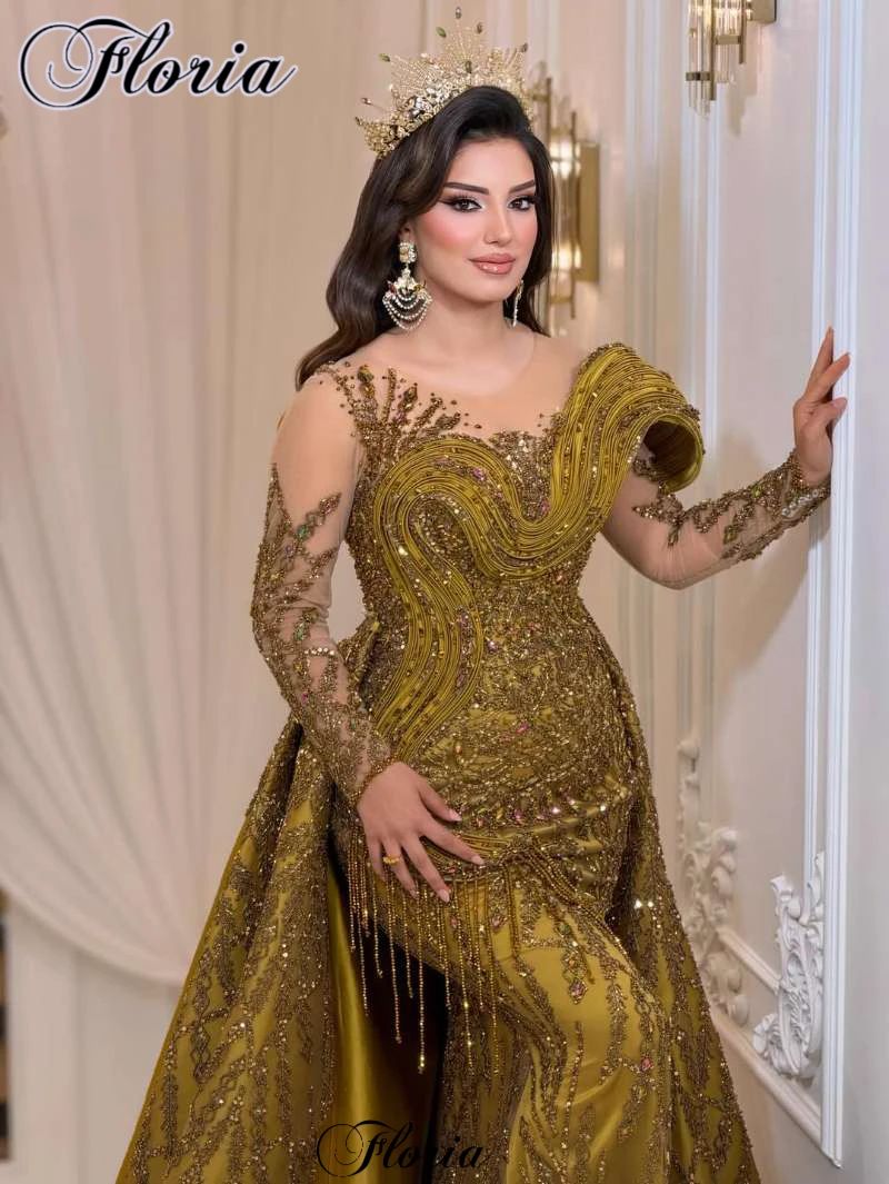 

Two Pieces Gold Evening Dresses With Detachable Train Long Sleeves Formal Prom Dresses Party Vestidos De Fiesta Customized
