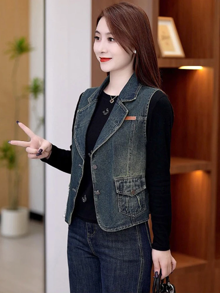 Lässige Jeansweste für Damen, Modisch Vielseitig Koreanischer Stil, Locker Geschnitten, Herbst Neuheit, Kleine Größe, Schulterpolster-Top