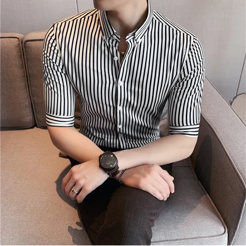 

2023 Quality Business Formal Wear Men Striped Shirts Dress Tuxedo Short Sleeve Shirts Simple Slim Fit Casual Chemise Homme S-4XL
