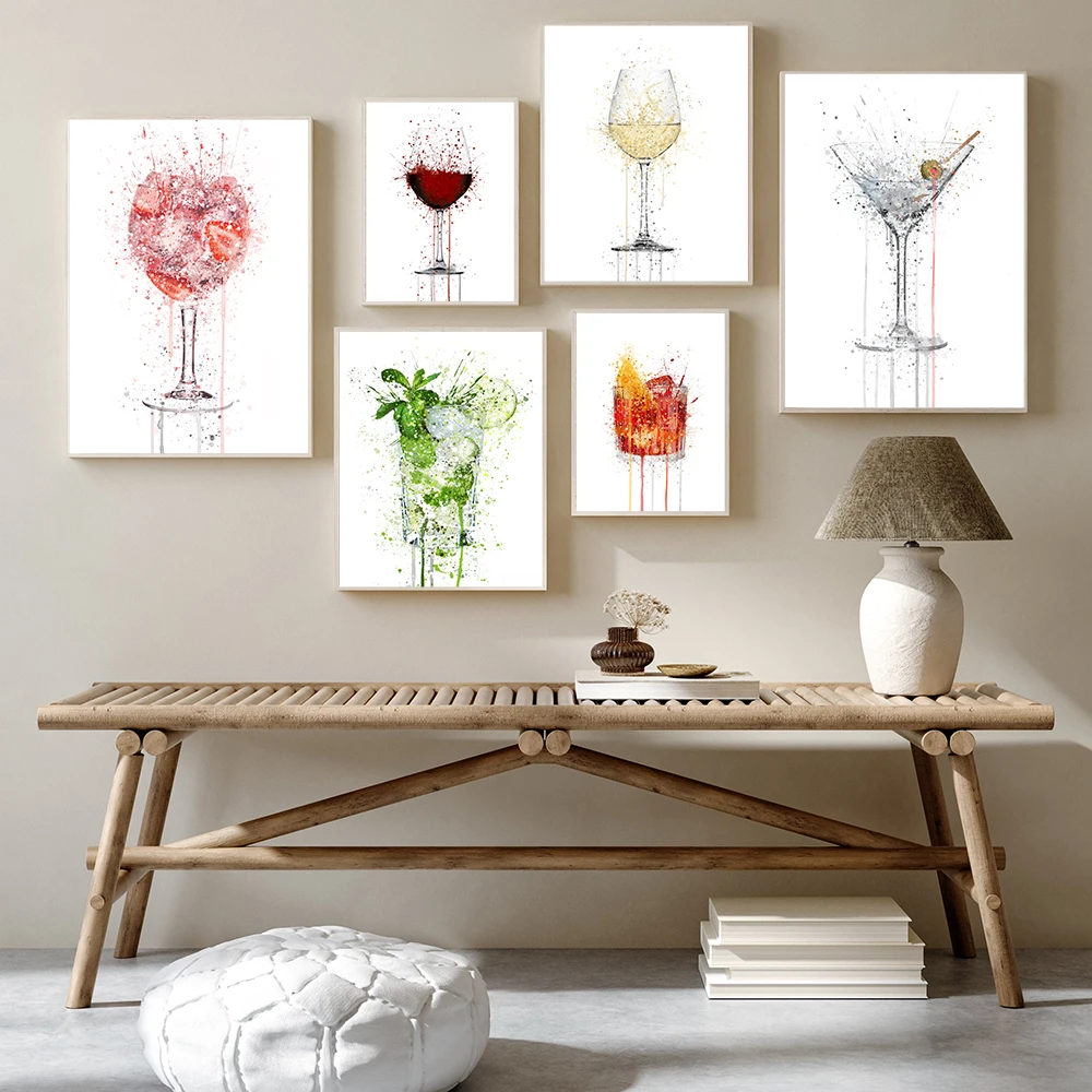 Watercolor Wine Bottle Poster Gin Exhibition Art Print Mojito Cocktail Canvas Painting Goblet Wall Picture Living Bedroom Decor