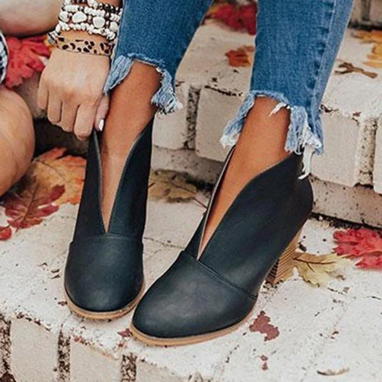 Vintage Western Ankle Boots Women Faux Suede V‑Notch Opening Stacked Block Heel Autumn Street Footwear
